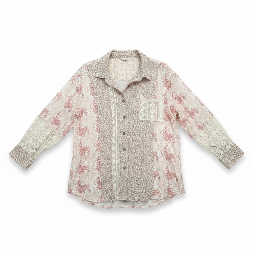 POL Button Down Shirt Large Pink Patchwork Lace Mixed Print Boho Cottagecore